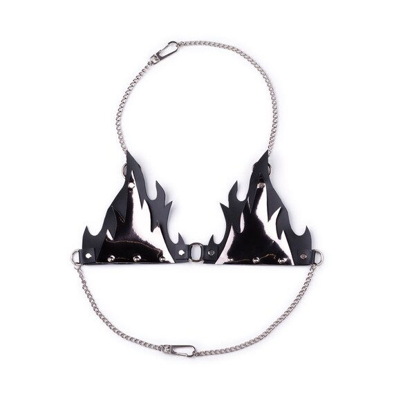 Silver Faux Leather Fire Silver Rings Chain Bra - Etsy