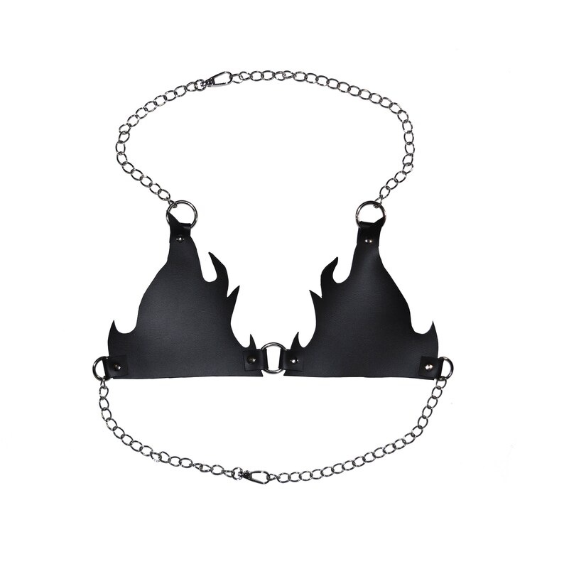 Faux leather flame silver rings chain bra image 2