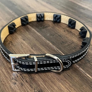 May include: Black leather dog collar with white stitching and a silver buckle. The collar has a row of black rubber spikes on the outside.