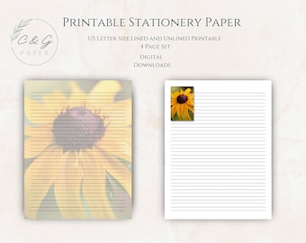 Floral theme Black Eyed Susan Printable Stationery Set lined and Unlined