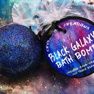 Black Galaxy Bath Bomb Lavender, Ylang-Ylang, & Tonka Bean black bath with holo glitter image 2