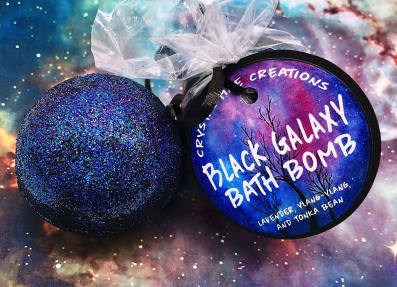 Black Galaxy Bath Bomb Lavender, Ylang-Ylang, & Tonka Bean black bath with holo glitter image 2