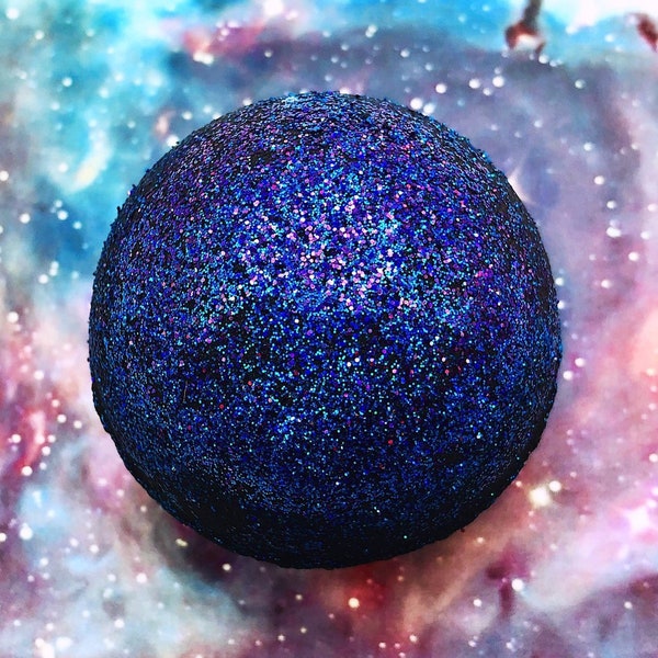 Black Galaxy Bath Bomb - Lavender, Ylang-Ylang, & Tonka Bean - black bath with holo glitter