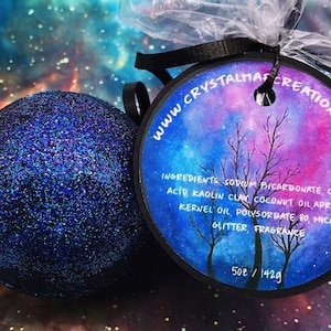 Black Galaxy Bath Bomb Lavender, Ylang-Ylang, & Tonka Bean black bath with holo glitter image 3