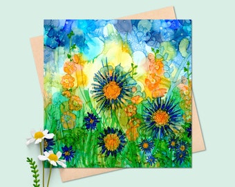 Hollyhocks and blue daisies flowers square blank card, Wild Garden Collection Summer Flowers Design, alcohol ink painting, cottage garden