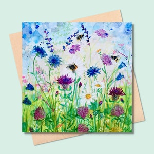 Carte carrée Anna's Meadow - carte fleurs - intérieur vierge - carte anniversaire fleurs - merci - trèfle rouge, fleurs sauvages violettes, bleuets