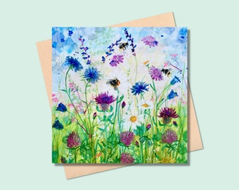 Anna's Meadow square card - flowers card - blank inside - flowers birthday card -  thank you - red clover, purple wildflowers, cornflowers