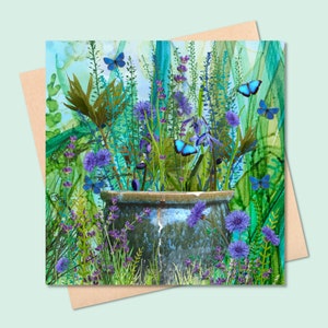 Wild Blues & Greens Blanko Karte, Schmuckfarben Laub und Blumen im Keramik Garten Übertopf