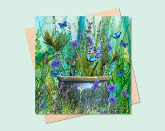 Wild Blues & Greens blank card, jewelled colours tangled foliage and flowers in ceramic garden pot planter