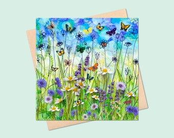Pretty Butterflies flowers card square blank, summer garden meadow, daisies, cornflowers, butterfly, whimsical, Millie Moth, Wild Collage