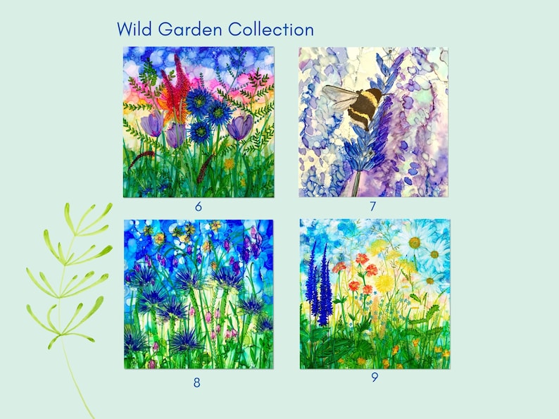 Bundle of 4 square blank cards greetings card choose from across all 29 of Millie Moth/'s designs colourful alcohol ink flower paintings