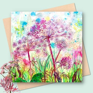 Tarjeta cuadrada Angelica Gigas - tarjeta de flores - tarjeta interior en blanco - tarjeta de cumpleaños de flores - gracias - umbelíferas, flores silvestres púrpuras