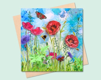 Dragonflies blank card, jewelled colours dragonflies over wild grasses and reeds