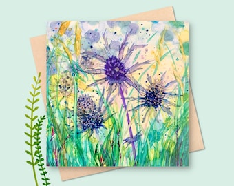 Sea Holly square card - blank card - flowers birthday card -  thinking of you - blue spiky flower - summer - sea holly thistle