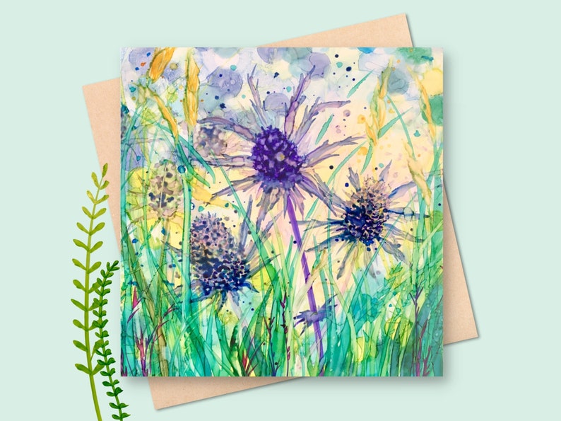 Sea Holly square card blank card flowers birthday card thinking of you blue spiky flower summer sea holly thistle image 1