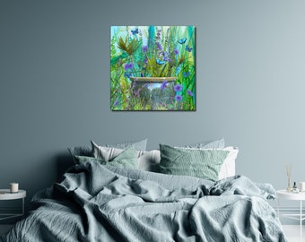 Wild Blues & Greens flower giclee artwork print onto canvas | 4 sizes and 2 border depths available | Millie Moth Wild Collage Collection