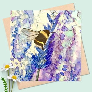 Bee on Lavender square card, printed in the UK birthday card purple, notecards, bumble bee, colourful, blank inside, flower, floral image 1