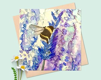Bee on Lavender square card, printed in the UK - birthday card - purple, notecards, bumble bee, colourful, blank inside, flower, floral