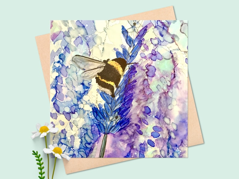 Bee on Lavender square card, printed in the UK birthday card purple, notecards, bumble bee, colourful, blank inside, flower, floral image 1