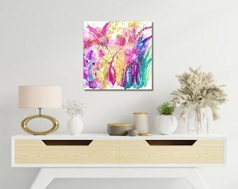 Jewel Splash flower giclee artwork print onto canvas | 4 sizes and 2 border depths available | Millie Moth Wild Collage Collection