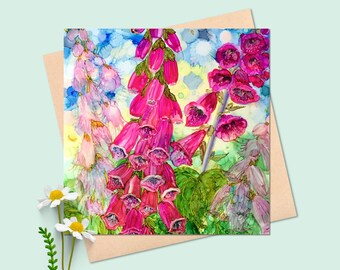 Foxgloves card - digitalis card - square blank flower card - pink foxgloves card - foxgloves birthday card - foxgloves thinking of you card