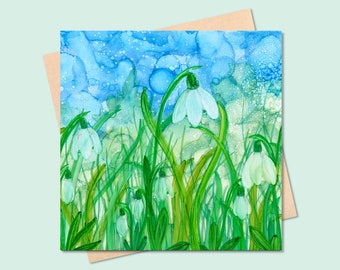 Snowdrops square blank card - Spring Flowers, Easter, Millie Moth, alcohol ink art, florals, springtime, printed in the UK, garden, notecard