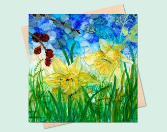 Daffodils card - square, blank, Spring Flowers, Millie Moth, daffodils art card, note cards, yellow flowers card, UK