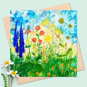 Cartão quadrado em branco para jardim de verão, coleção de jardim selvagem, flores de verão, design de Millie Moth, pintura com tinta alcoólica, floral