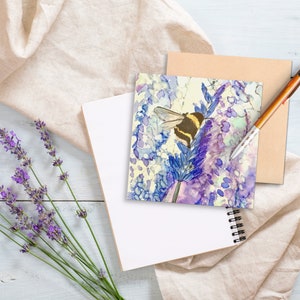 Bee on Lavender square card, printed in the UK birthday card purple, notecards, bumble bee, colourful, blank inside, flower, floral image 3