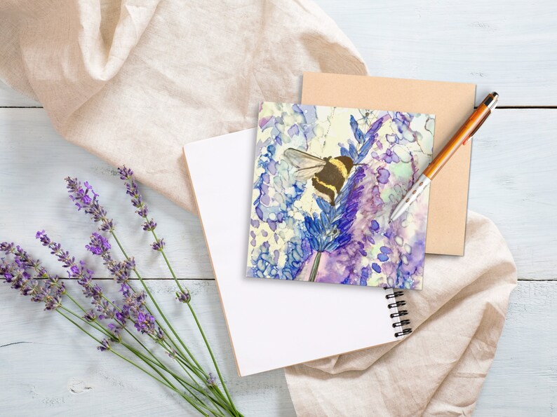 Bee on Lavender square card, printed in the UK birthday card purple, notecards, bumble bee, colourful, blank inside, flower, floral image 3