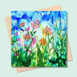Carte carrée Totally Tangerine - carte de fleurs - intérieur vierge - carte d'anniversaire de fleurs - merci - fleurs sauvages, geum, fleurs d'oranger, prairie