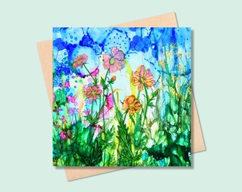 Totally Tangerine square card - flowers card - blank inside - flowers birthday card -  thank you - wildflowers, geum, orange flowers, meadow