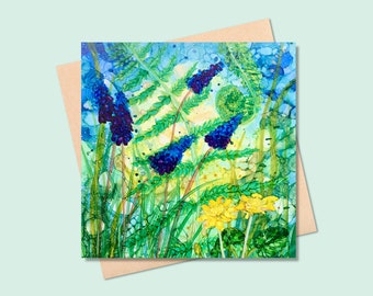 Ferns square card - flowers card - blank inside - flowers birthday card -  thank you - unfurling fern, celandines, grape hyacinths, muscari