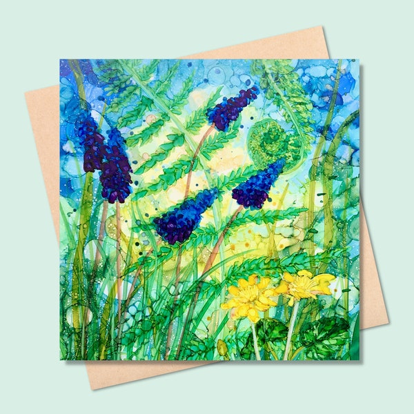 Ferns square card - flowers card - blank inside - flowers birthday card -  thank you - unfurling fern, celandines, grape hyacinths, muscari