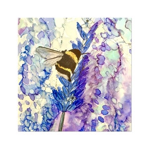 Bee on Lavender square card, printed in the UK birthday card purple, notecards, bumble bee, colourful, blank inside, flower, floral image 2