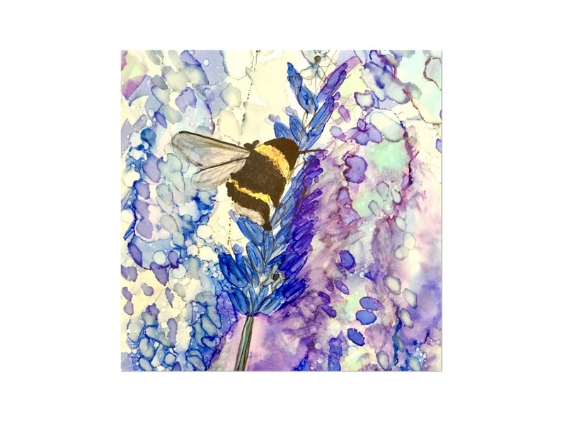 Bee on Lavender square card, printed in the UK birthday card purple, notecards, bumble bee, colourful, blank inside, flower, floral image 2