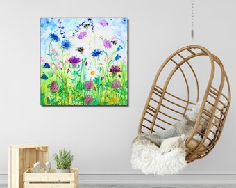 Anna's Meadow flower giclee artwork print onto canvas | 4 sizes and 2 border depths available | Millie Moth Wild Collage Collection