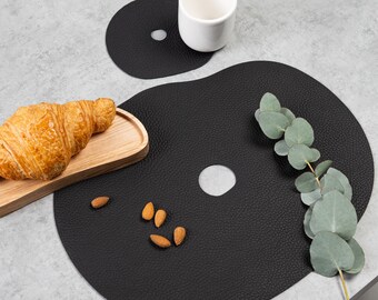 Black leather placemats and coasters I Modern table mats I  Oval cowhide place mats for round dining table