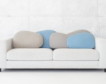 Blue throw accent pillows KUPSTAS, organic shape I Boy's room wool cushions I Assymetric shape sofa seat cushion