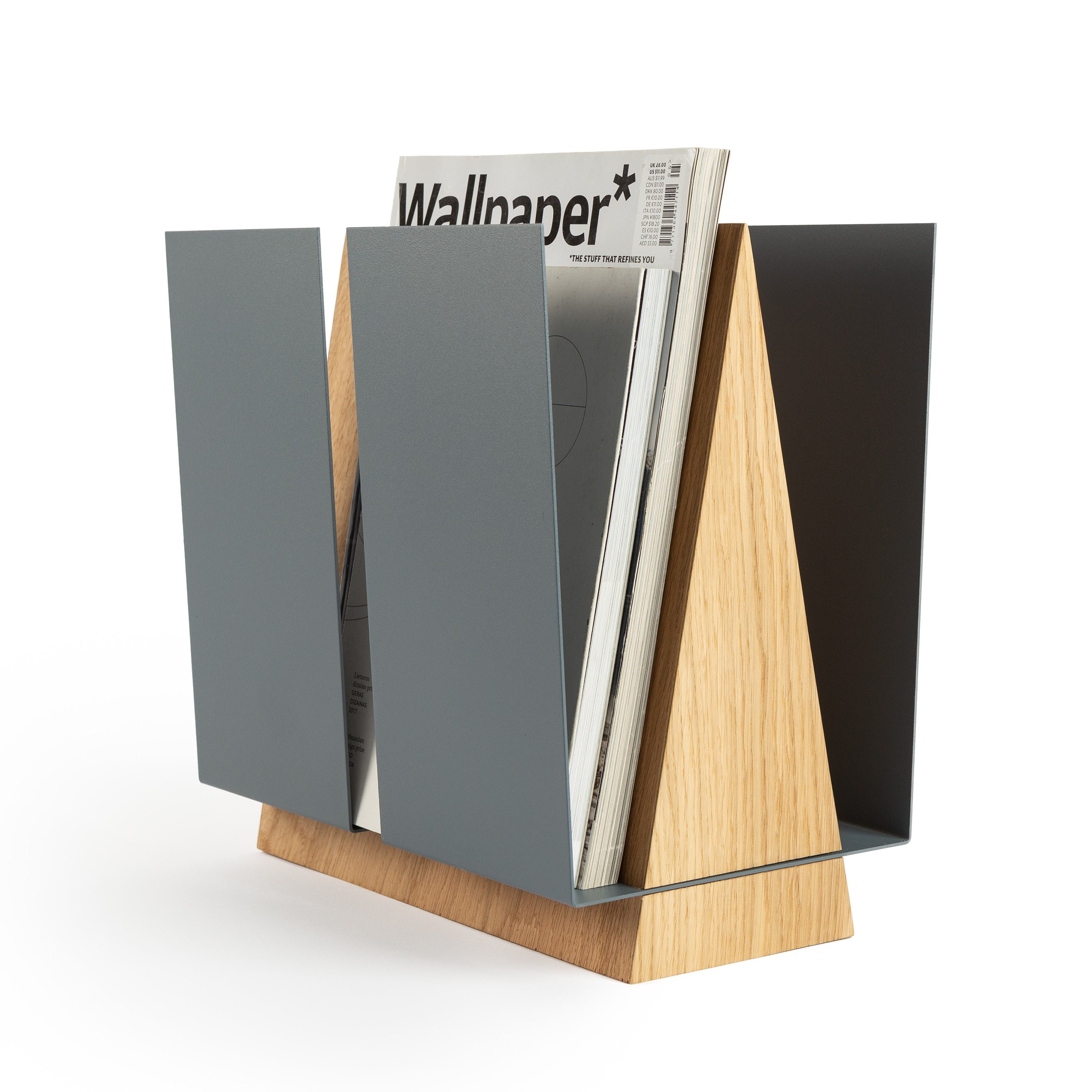 Mid Century Floor Magazine Rack: Oak Wood & Grey Metal