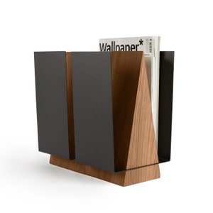 Magazine rack for floor WINGS I More colors I Wood and metal newspaper holder I Modern home office organizer I Waiting room or lobby decor