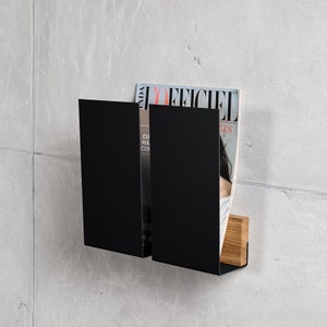 Black and oak wood wall magazine holder