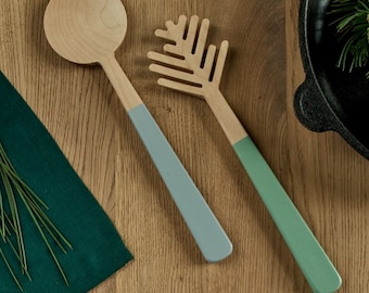 Ensemble de couverts à salade en bois I Cadeau écologique I Pince à pâtes unique I Cadeau d'anniversaire en bois