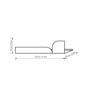 May include: Line drawing of a rectangular shape with rounded corners. The shape is 30 cm (11.8 in) long and 10 cm (3.9 in) wide. The drawing shows the dimensions of the shape.