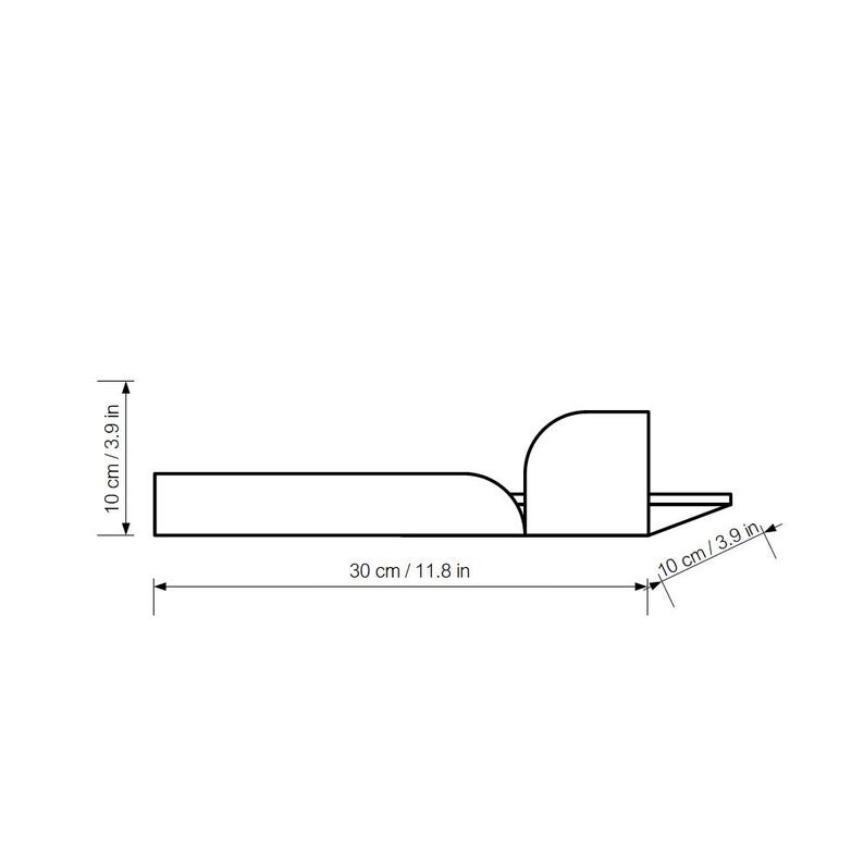 May include: Line drawing of a rectangular shape with rounded corners. The shape is 30 cm (11.8 in) long and 10 cm (3.9 in) wide. The drawing shows the dimensions of the shape.