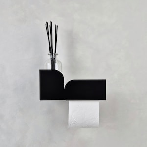 Porta carta igienica moderno in metallo nero con ripiano BAUHAUS I Accessorio da parete per WC o bagno