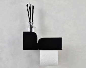 Modern Bauhaus Black Metal Toilet Paper Holder with Shelf