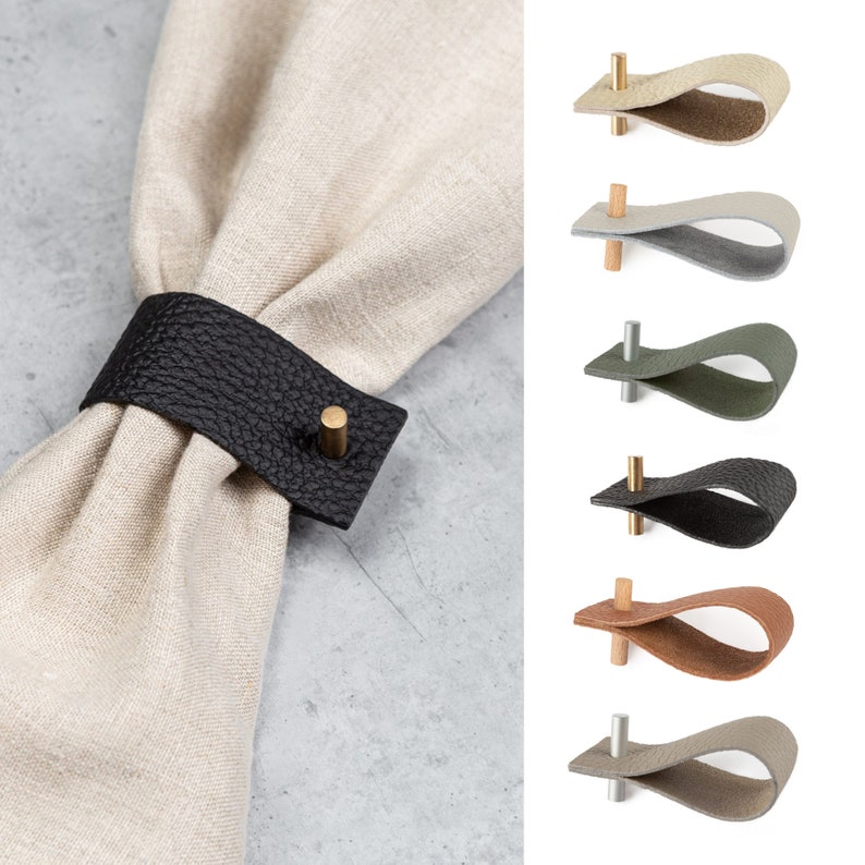 Leather napkin rings with brass, steel or wooden pin I Black, brown, ivory, grey colors I Modern table decor image 1