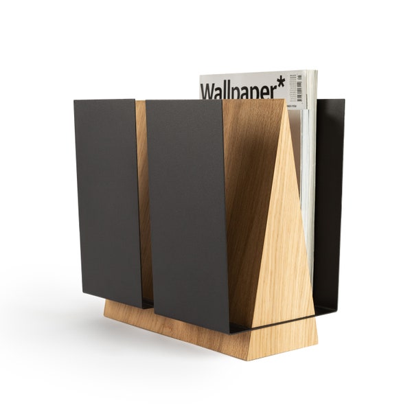 Modern magazine rack for floor WINGS I Light or dark wood, black metal I Minimalist home office organizer I Waiting room or lobby decor