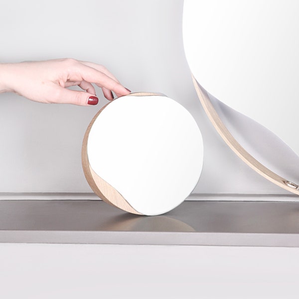 Small makeup mirror 17 cm I Wavy desktop mirror I Round table top mirror I Oak wood cosmetic hand held mirror I Christmas Gift For Women